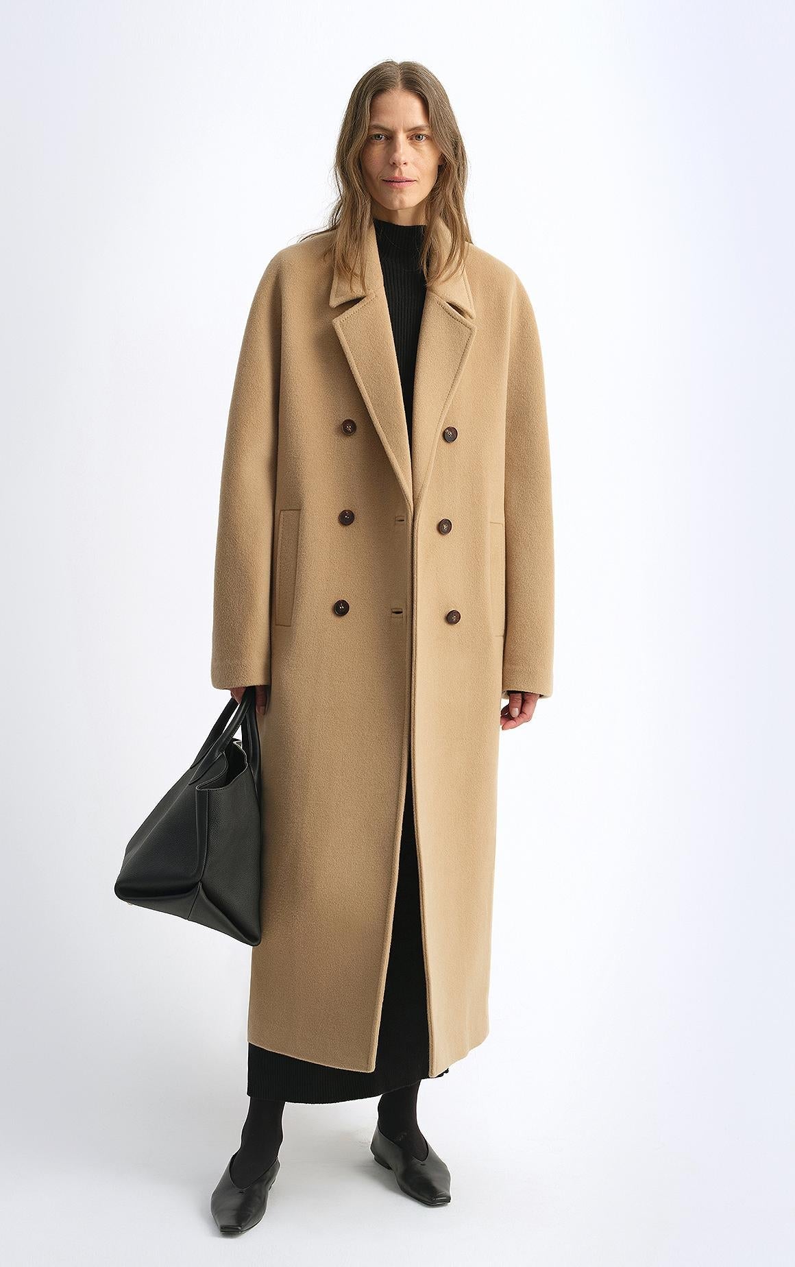 "Sandbank" sheep wool cashmere blend classic tie shoulder sleeve double-breasted coat jacket women