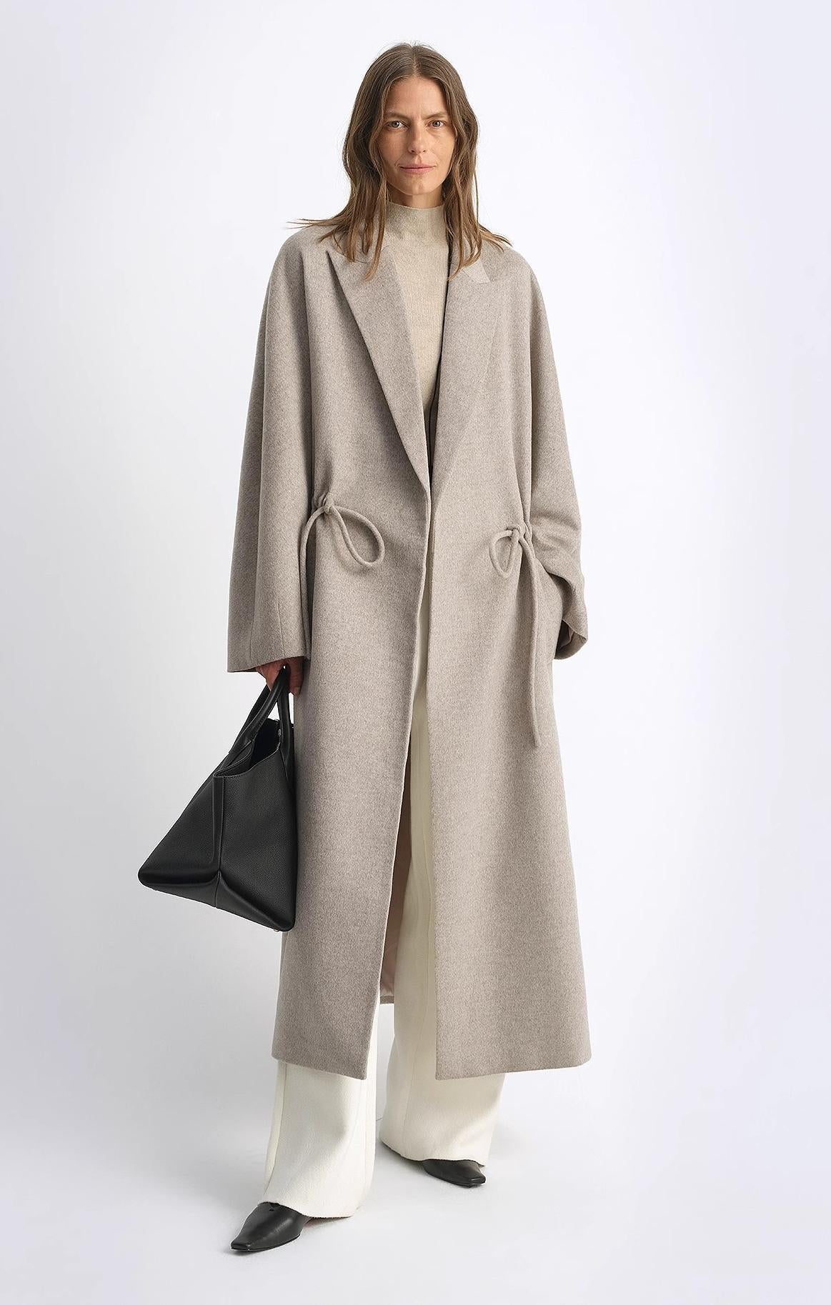 "Desert Heart"women's original color wool peaked lapel drawstring mid-length wool coat