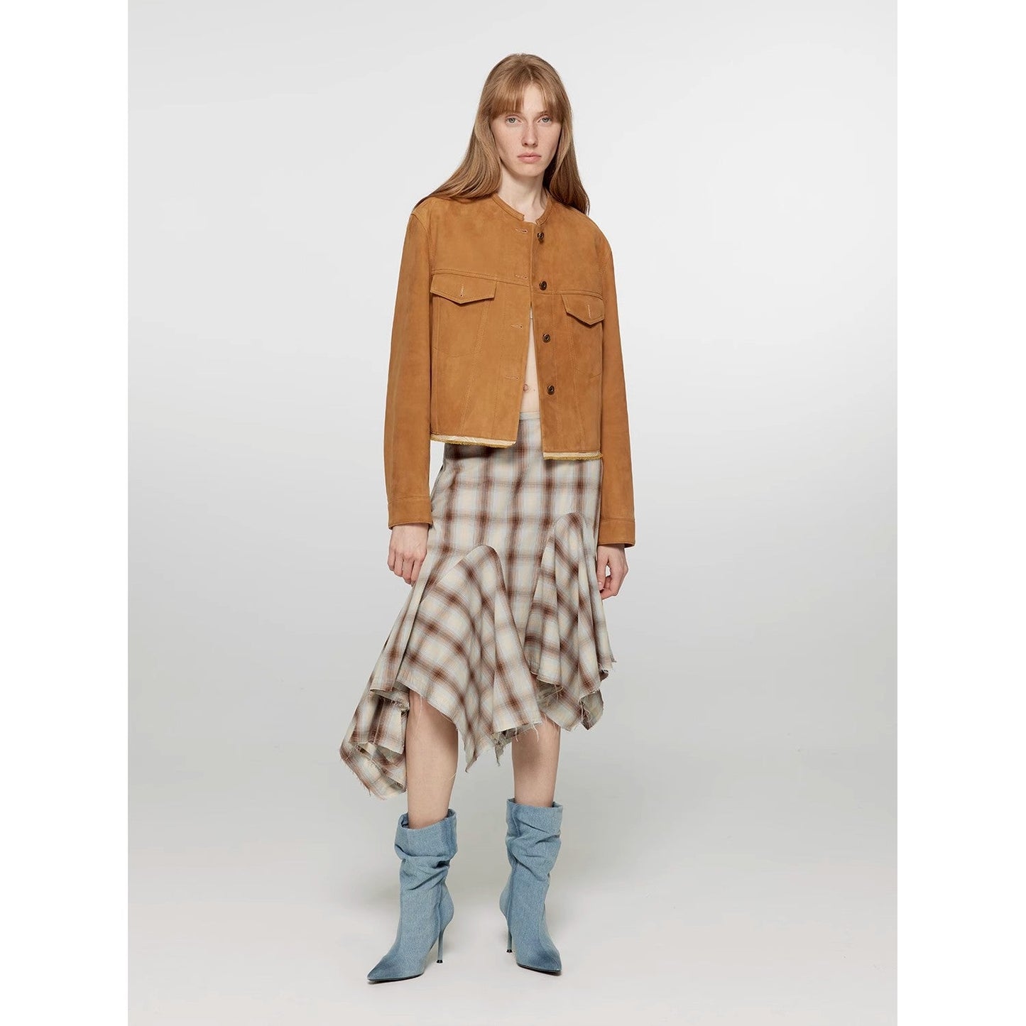 Retro Suede Sheep Leather Short Jacket with Structured Shoulders and Round Neck, Genuine Leather Outerwear "Sunset Escape"
