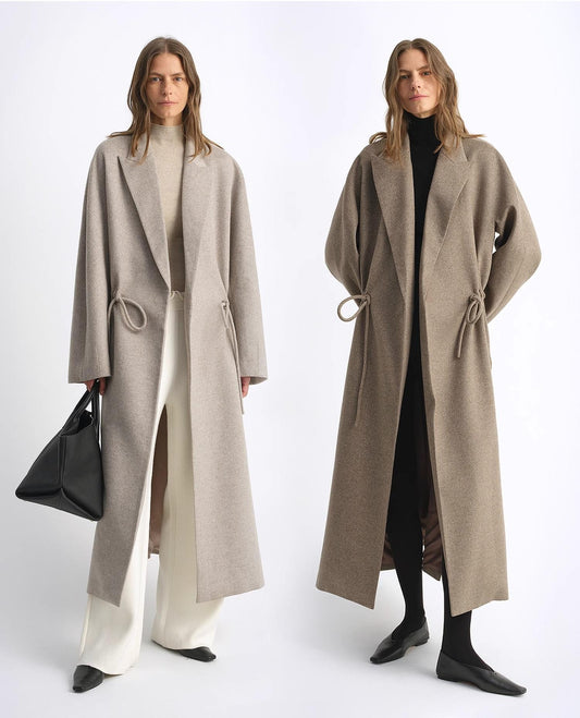"Desert Heart"women's original color wool peaked lapel drawstring mid-length wool coat