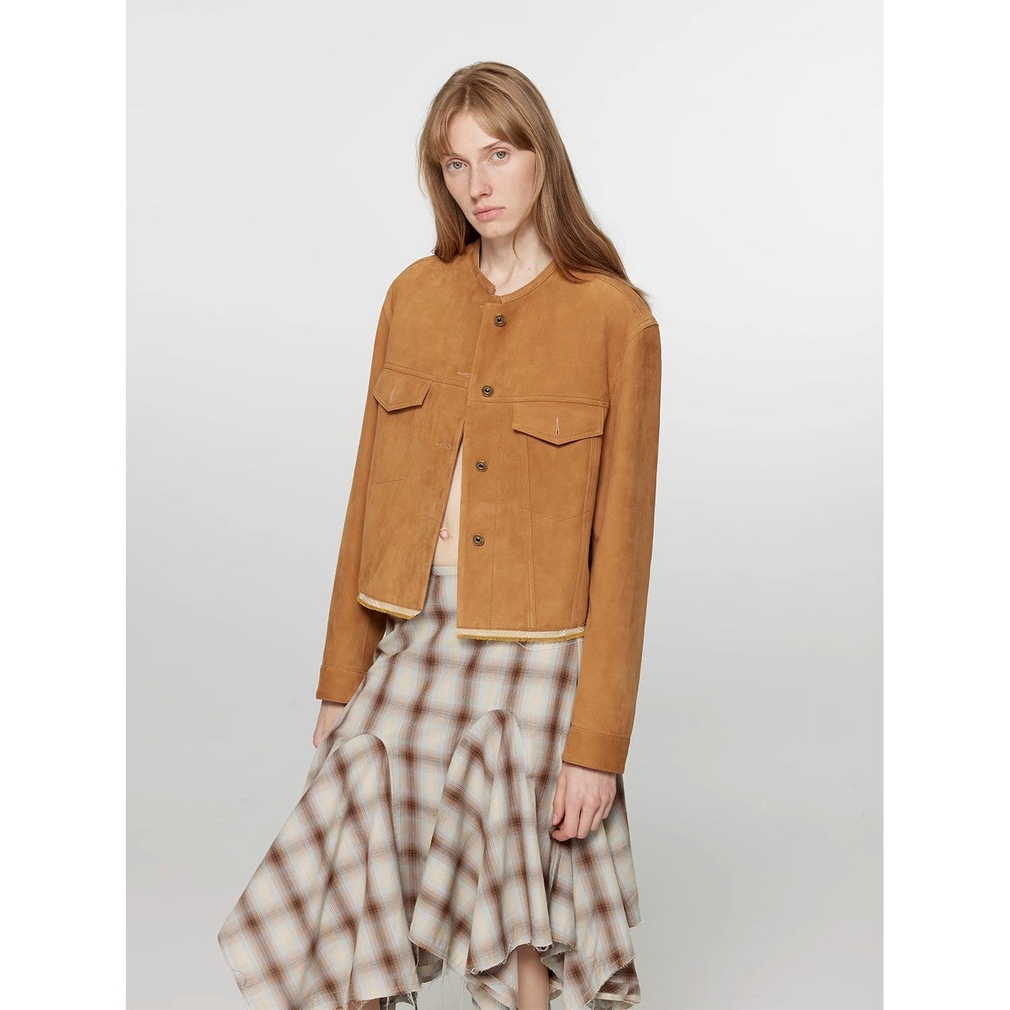 Retro Suede Sheep Leather Short Jacket with Structured Shoulders and Round Neck, Genuine Leather Outerwear "Sunset Escape"