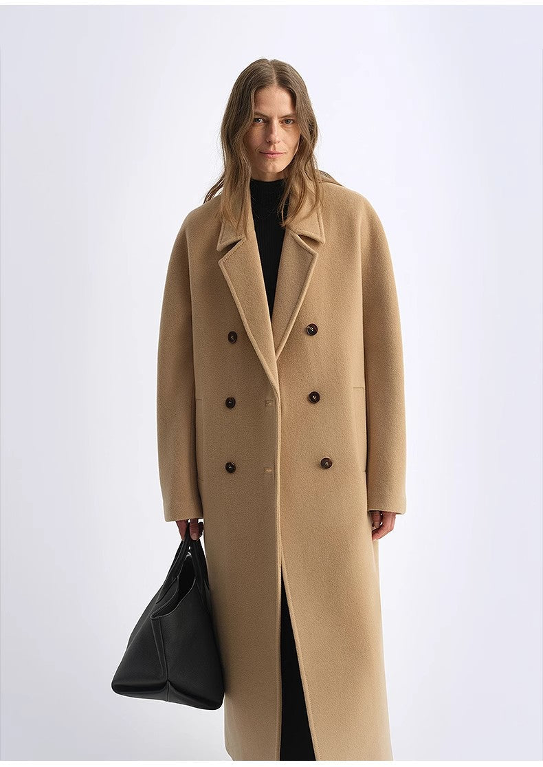 "Sandbank" sheep wool cashmere blend classic tie shoulder sleeve double-breasted coat jacket women