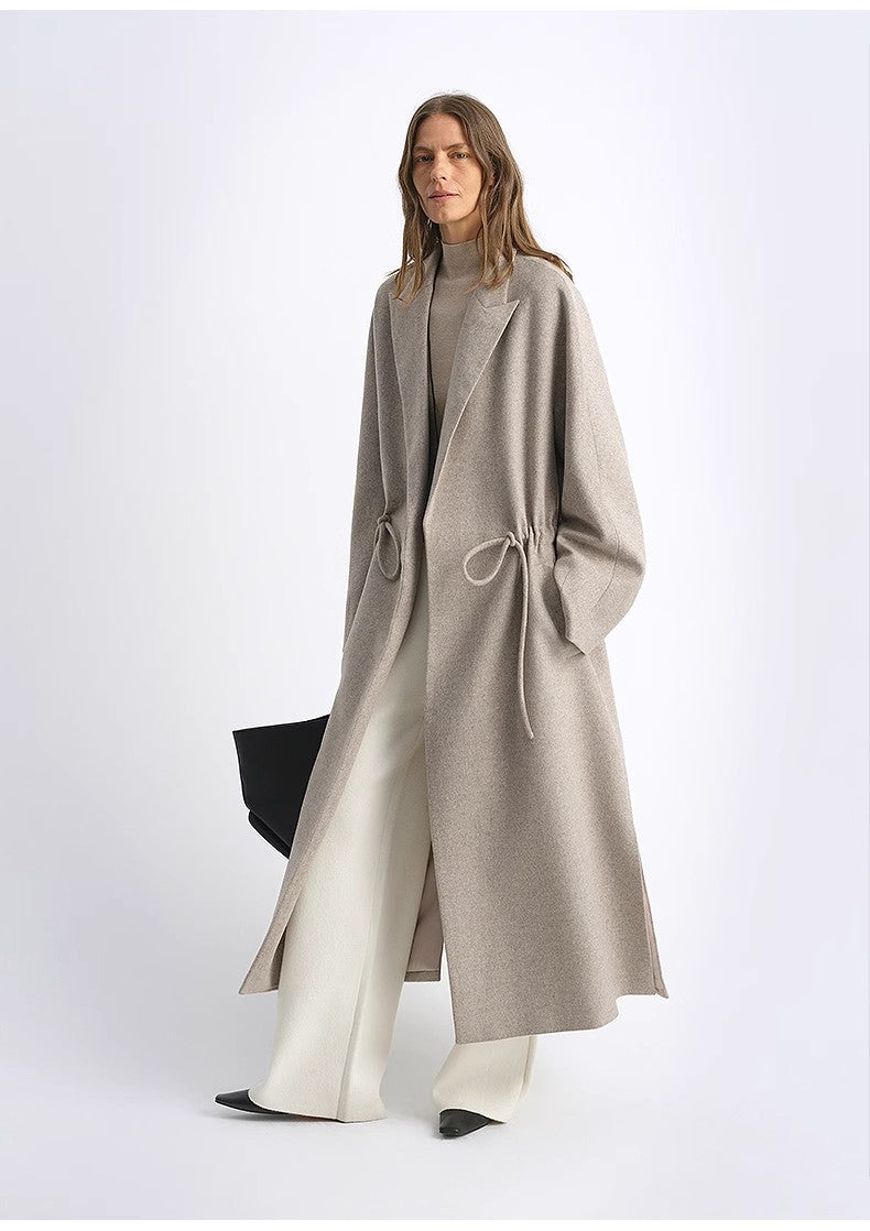 "Desert Heart"women's original color wool peaked lapel drawstring mid-length wool coat