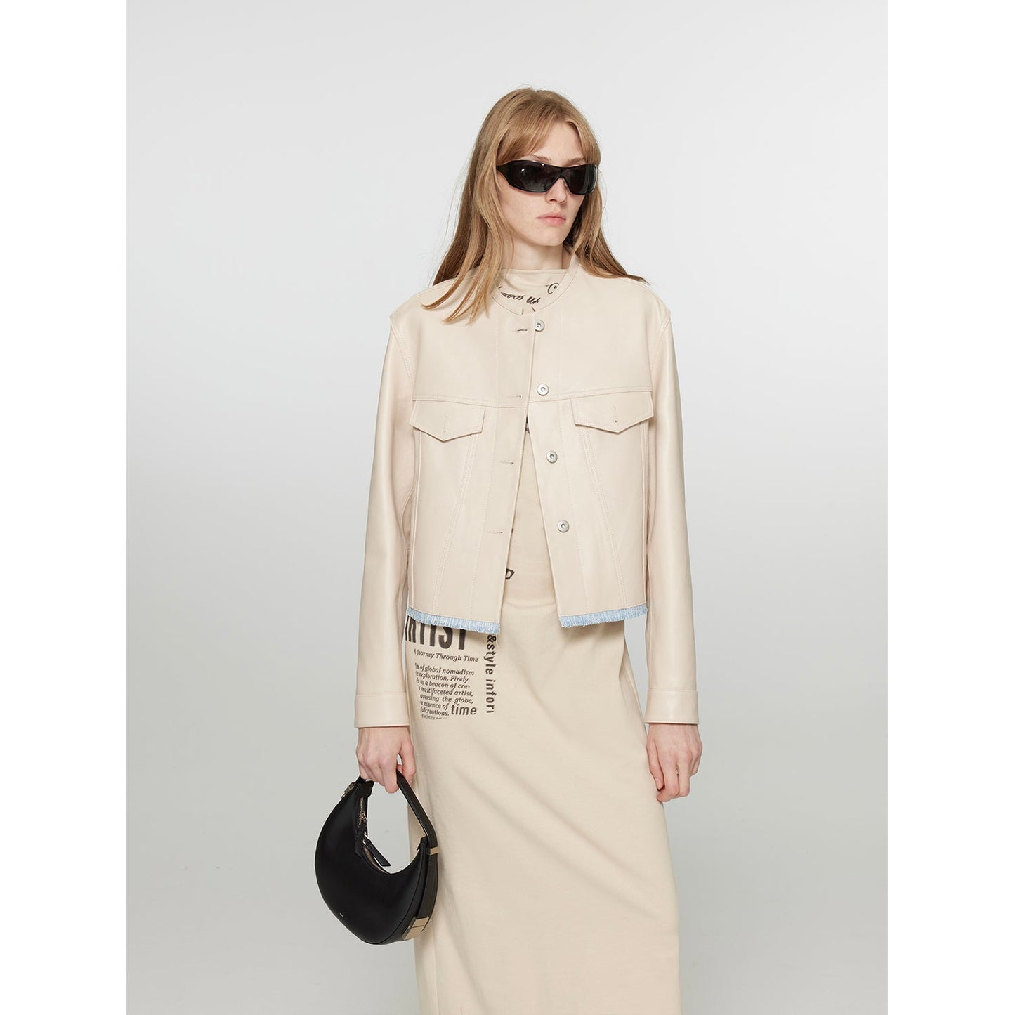 Retro Suede Sheep Leather Short Jacket with Structured Shoulders and Round Neck, Genuine Leather Outerwear "Sunset Escape"