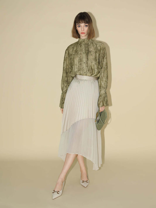 Bamboo Leaf Jacquard Ruffled Long Sleeve Blouse-0