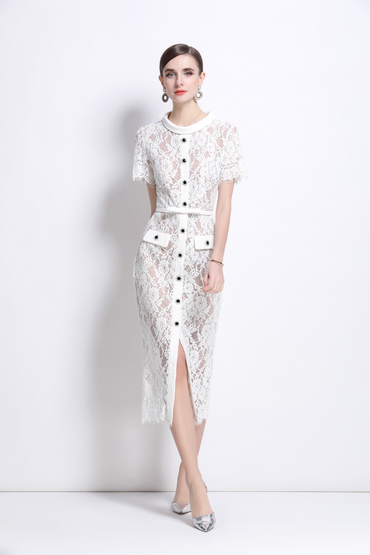 Blanca Slim Fit Round Neck Button Down Lace Dress-0