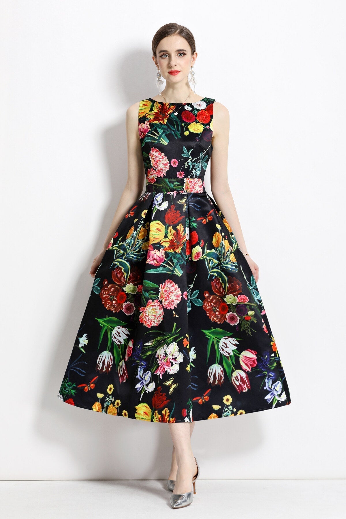 Blooming Garden Sleeveless Pleated A Line Tea Dress-2