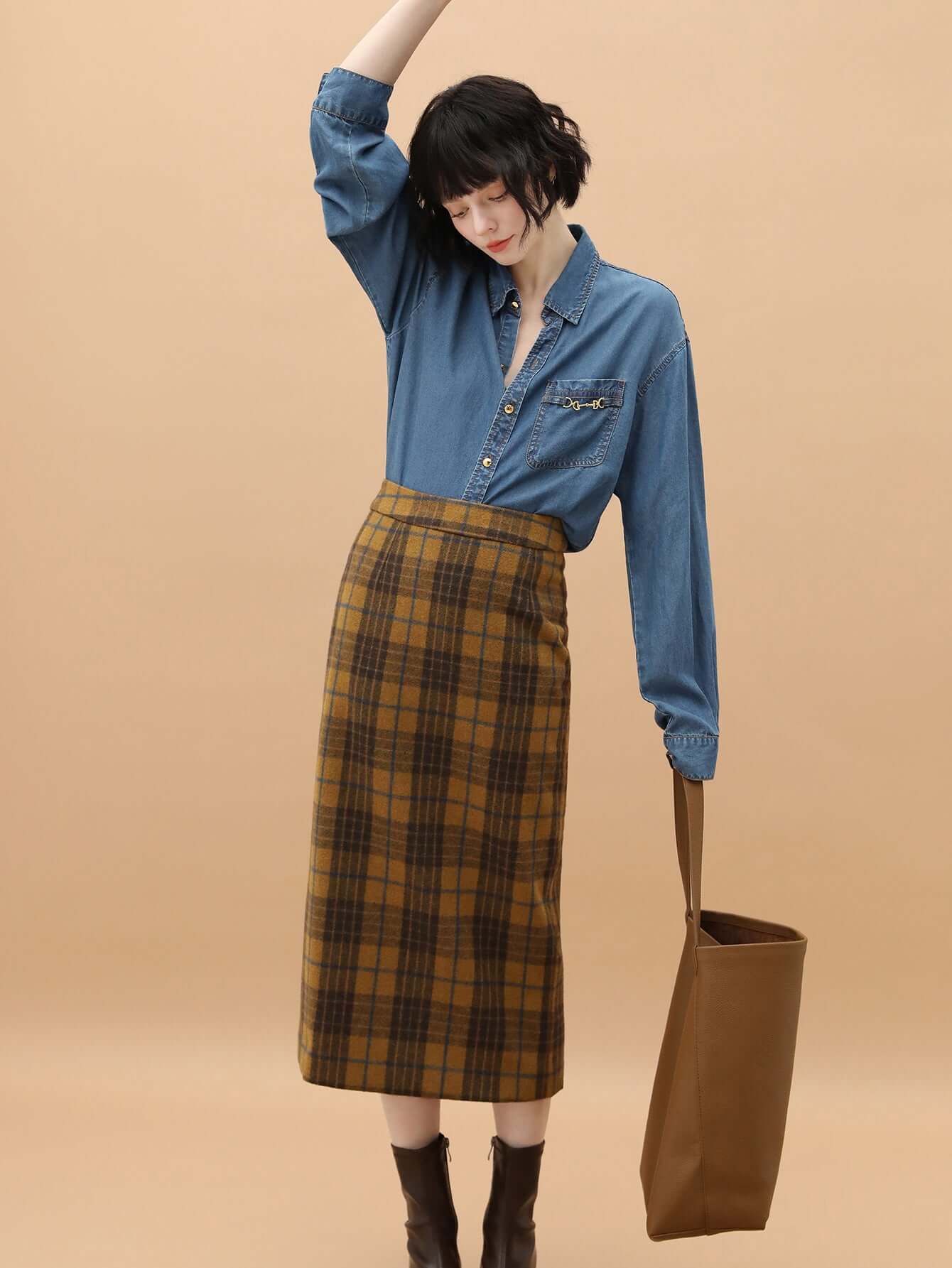 British-Style Brown Plaid Midi Skirt-1
