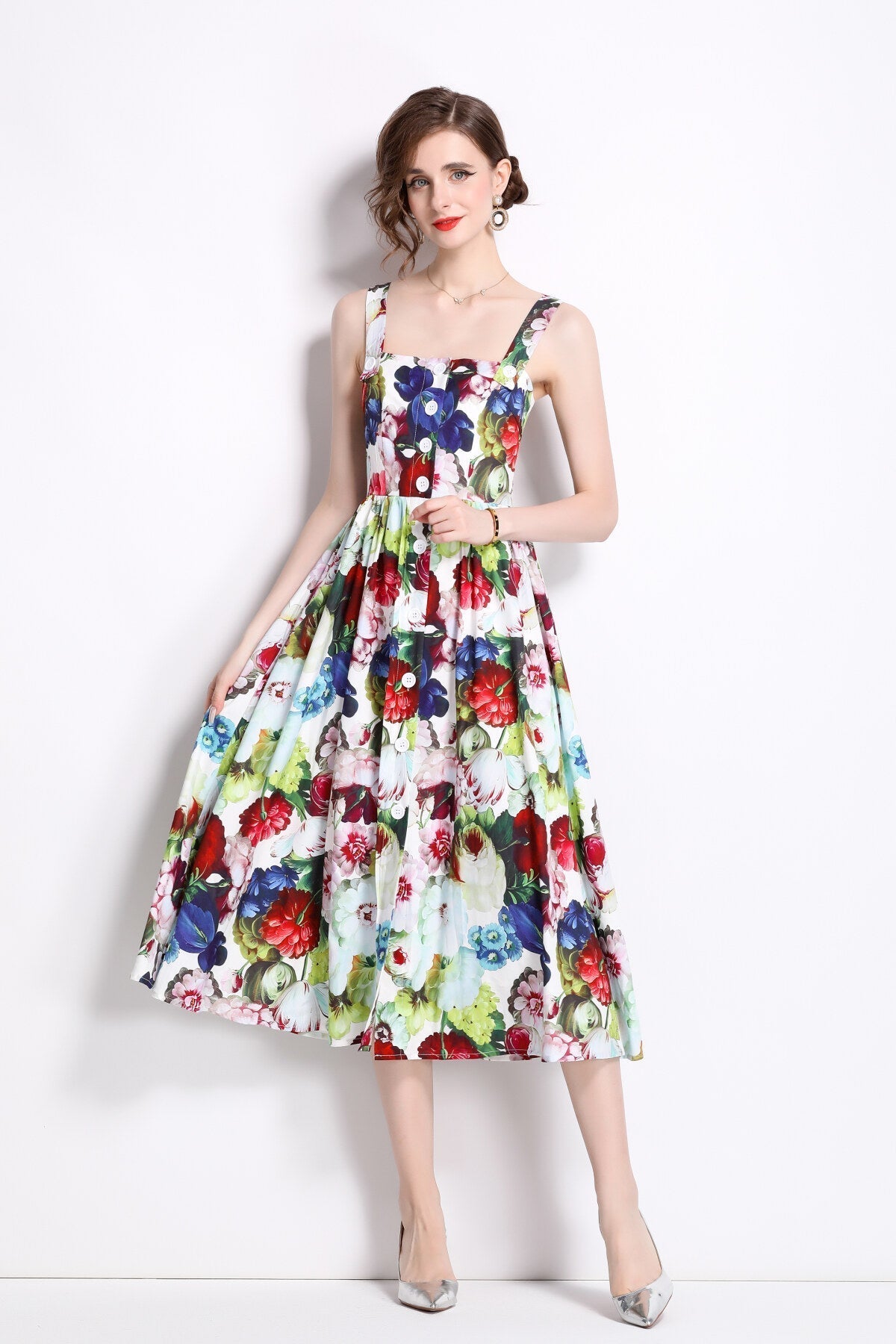 Carnival Thick Strap Flared Midi Dress-1