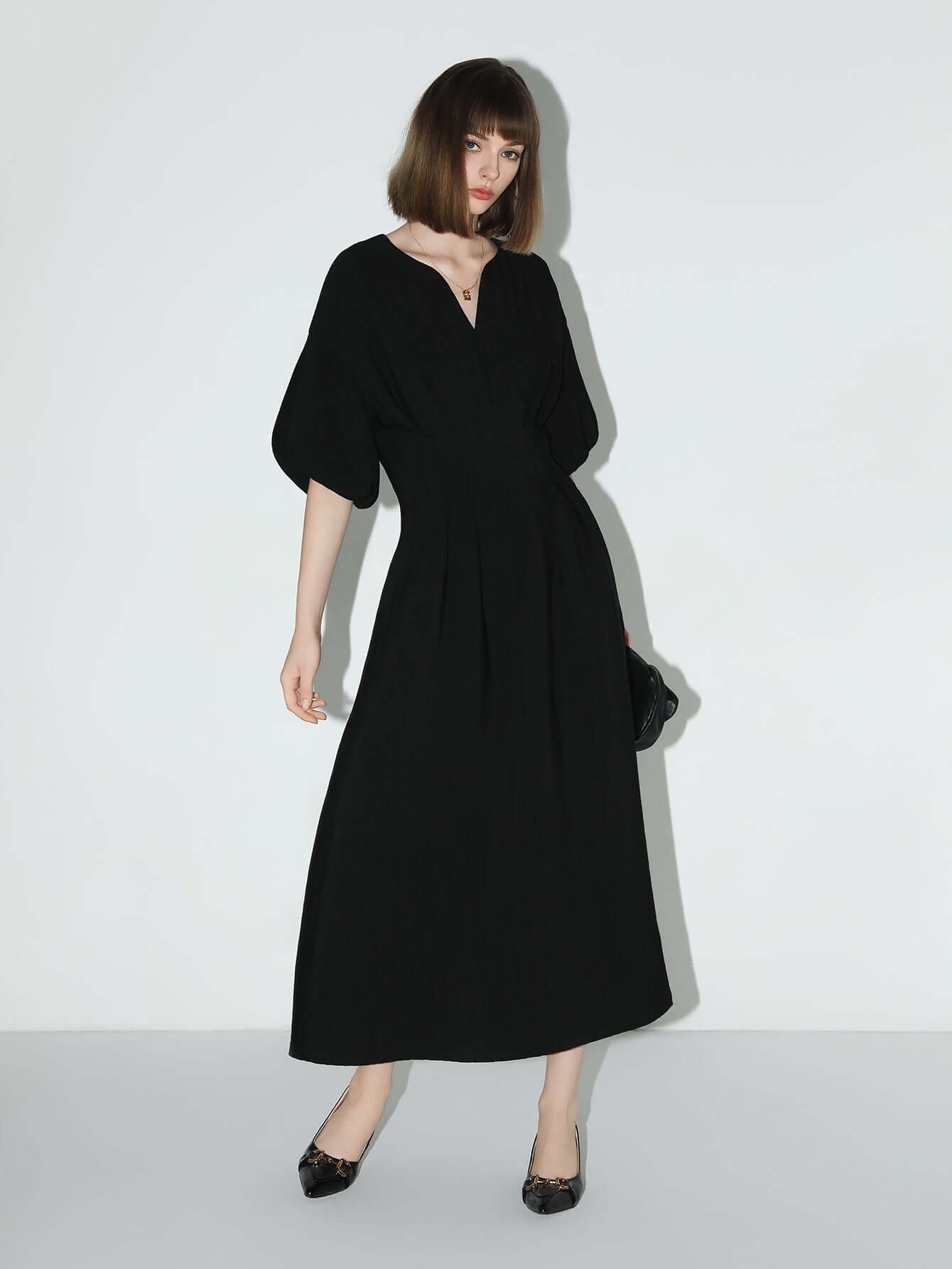 Elegant Textured Pleated French Tea Dress-1