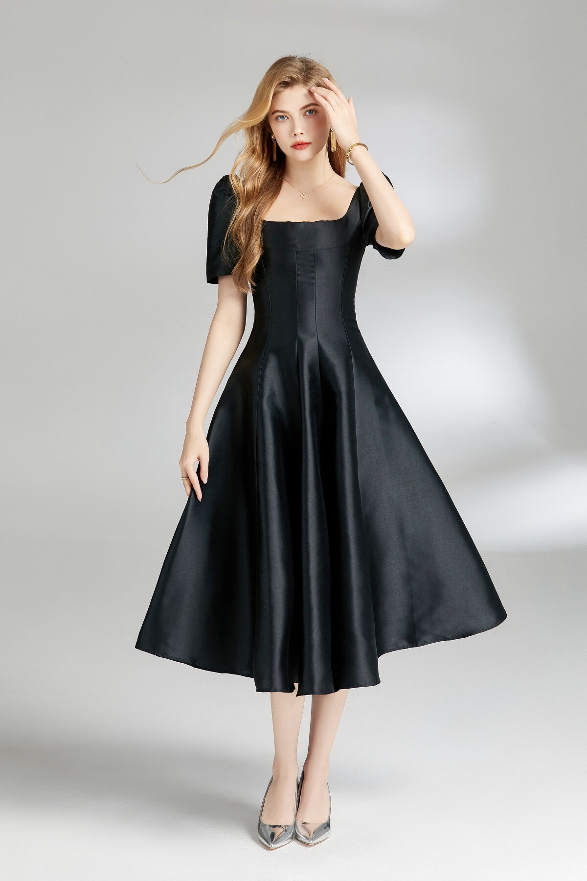 French Square Neck Flared Evening Dress-0