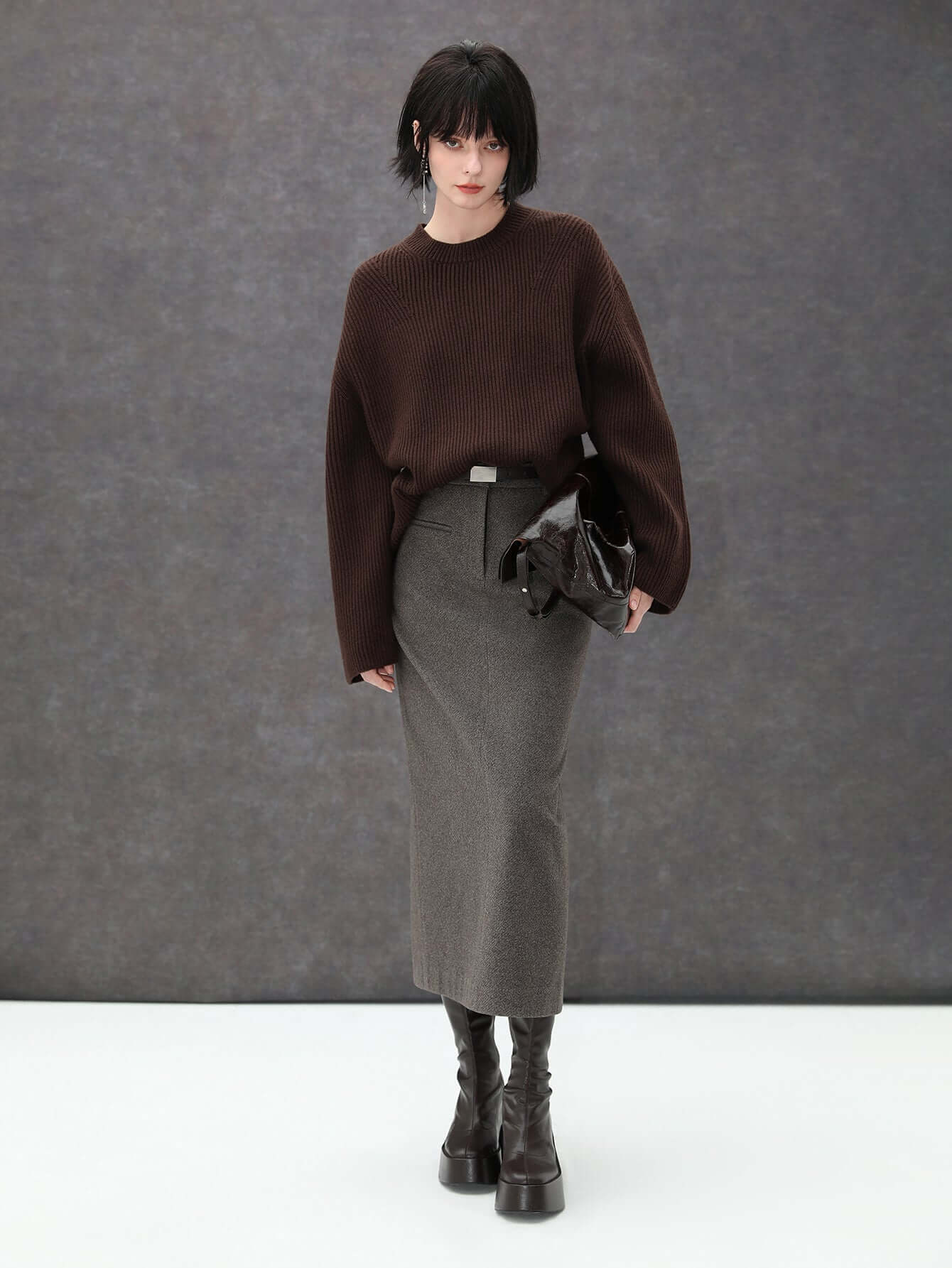 High-waisted Modern Charcoal Midi Skirt for Winter-0