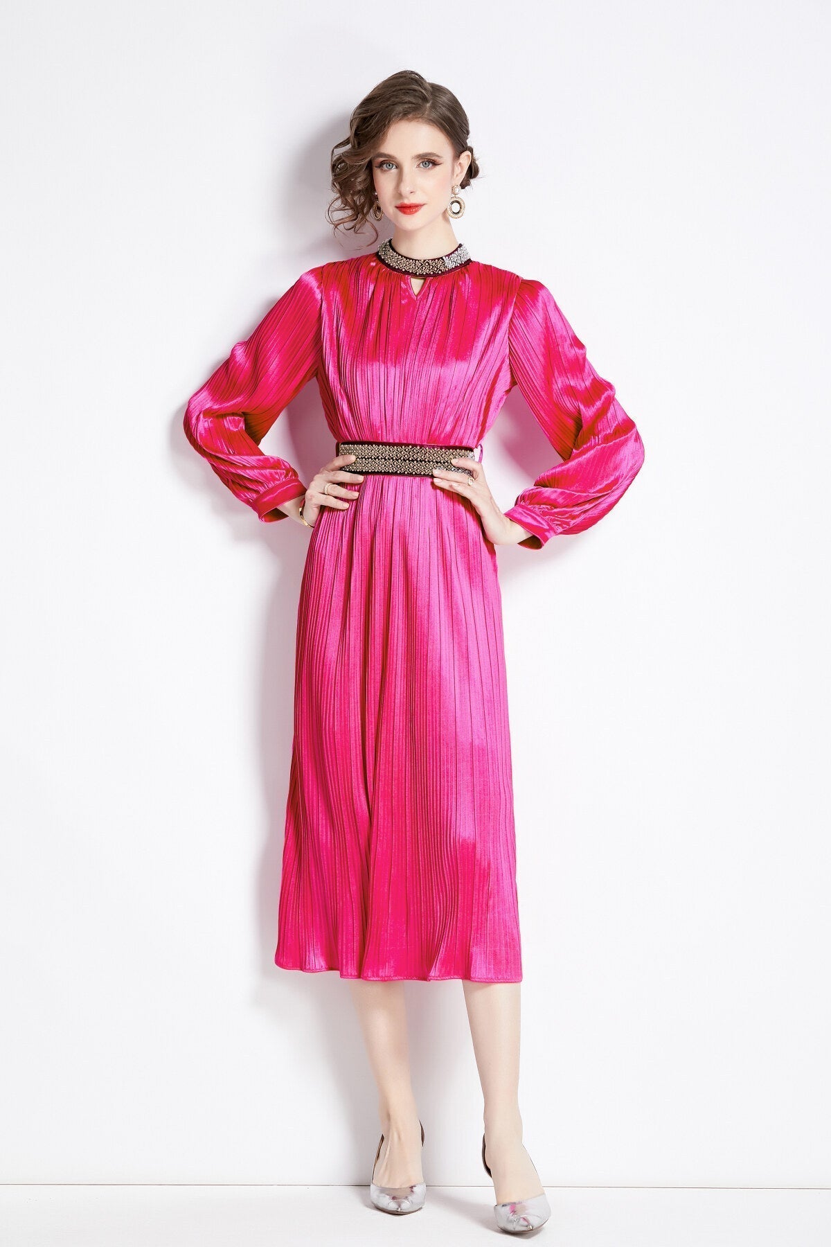 Lantern Sleeve Waist Tie Heavily Beaded Pleated Dress-4