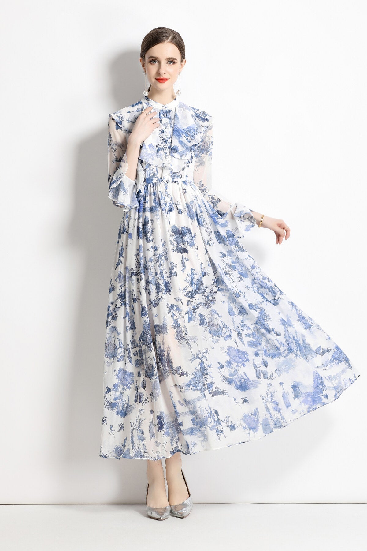 Porcelain Blue Floral Slim Fit Long Sleeve Shirt Dress-2