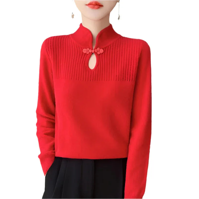 Retro Buckle Vertical Collar Sweater For Women