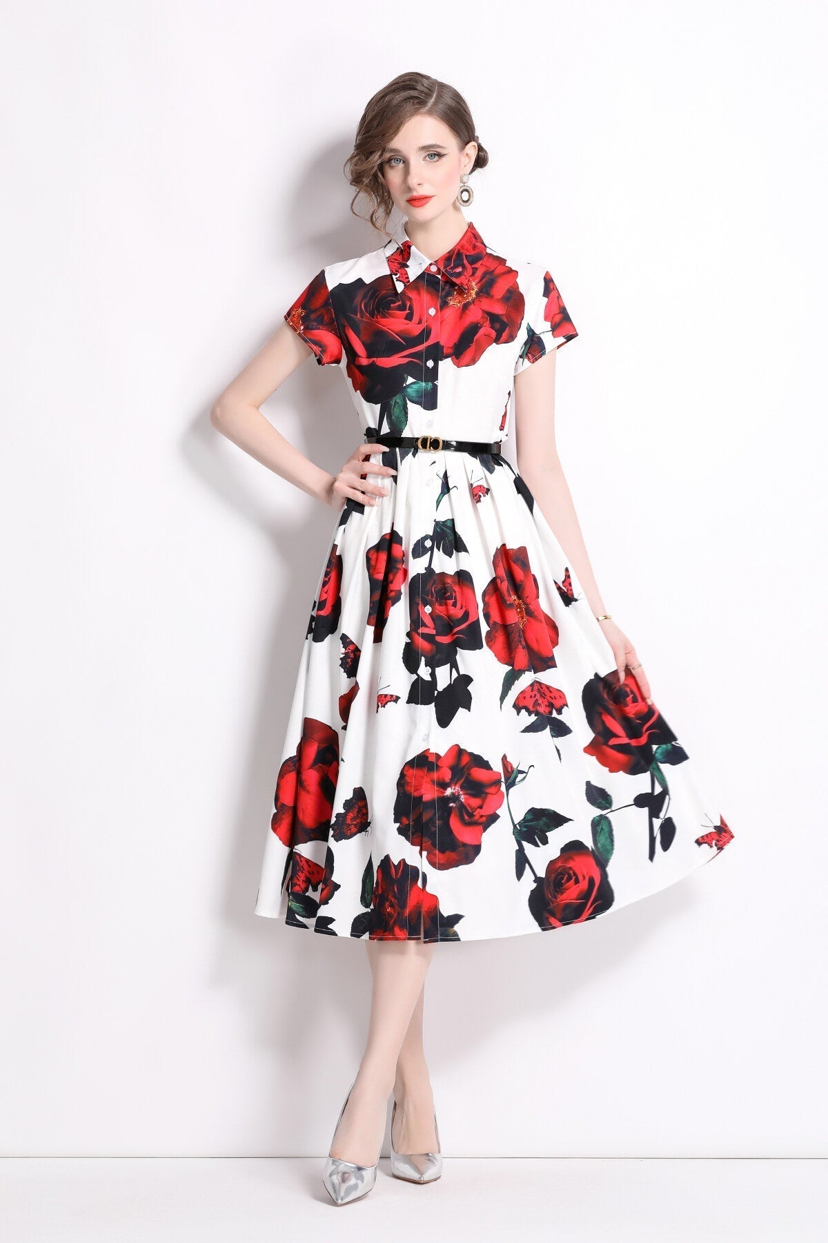 Romantic Rose Lapel Collar Shirt Dress-1